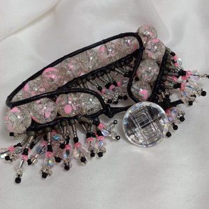 Woven Bracelet w/Pink Crackle Glass Beads, Vintage Luminous Beads on Fringe